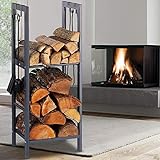 Bakaji - Soporte vertical de metal para leña con 2 estantes de interior y exterior, madera, para cocina,...